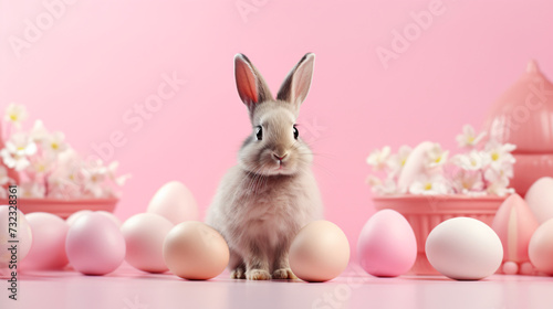 Happy Easter with bunny and color eggs © Johnu