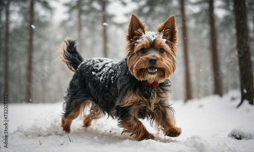 Beautiful cheerful little hairy Yorkshire terrier dog running in the snow © mischenko