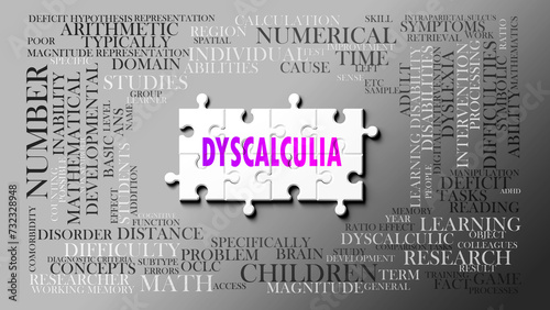 Dyscalculia as a complex subject, related to important topics. Pictured as a puzzle and a word cloud made of most important ideas and phrases related to dyscalculia. 3d illustration photo