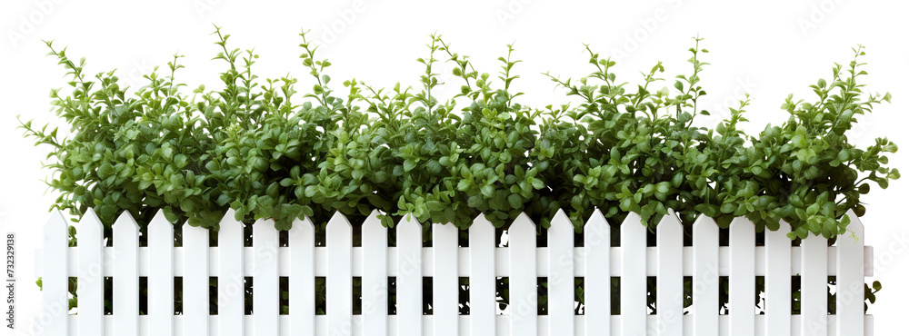 Lush green bushes over white picket fence, cut out Lush green bushes over white picket fence, cut out