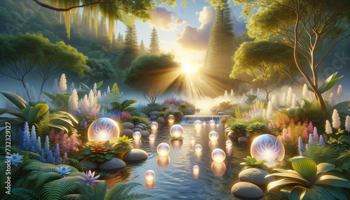 Tranquil spa retreat with glowing photon torpedo orbs in a serene stream surrounded by lush greenery. photo