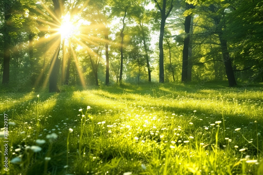 Fototapeta premium Sunlight in the green forest, spring time. generative ai.