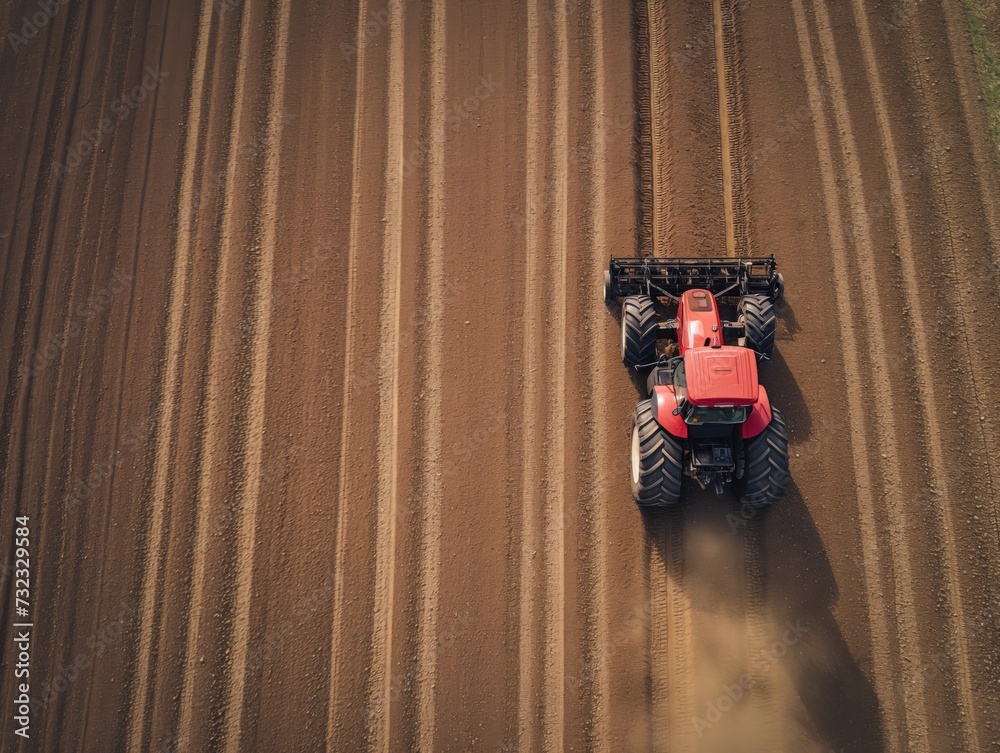 Drone shot top-down view of tractor plowing fields during planting season Drone shot top-down view of tractor plowing fields during planting season
