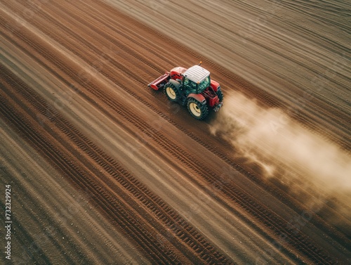 Top-down view of tractor plowing fields during planting season