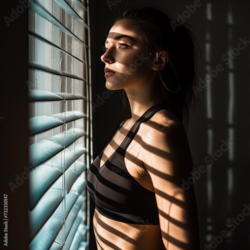 A young woman stands by the window