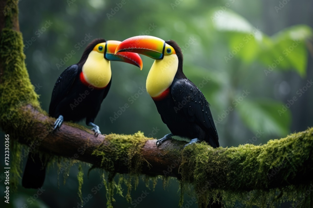 Fototapeta premium Two toucans sitting on a branch in the rainforest, toucan tropical bird sitting on a tree branch in natural wildlife environment, Ai generated