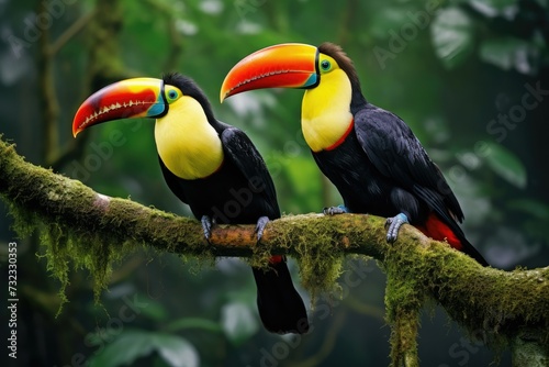 Two toucans sitting on a branch in the rainforest, toucan tropical bird sitting on a tree branch in natural wildlife environment, Ai generated © Tanu