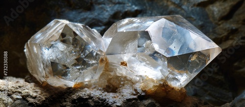 A close up of two diamonds placed on a rock, surrounded by terrestrial animals and the elements of water, soil, and metal.