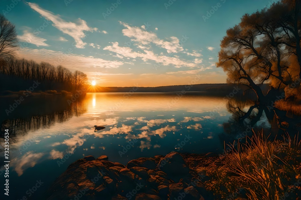 The spring sunset on lake, Scenic sunrise. Plant silhouette over mountains background