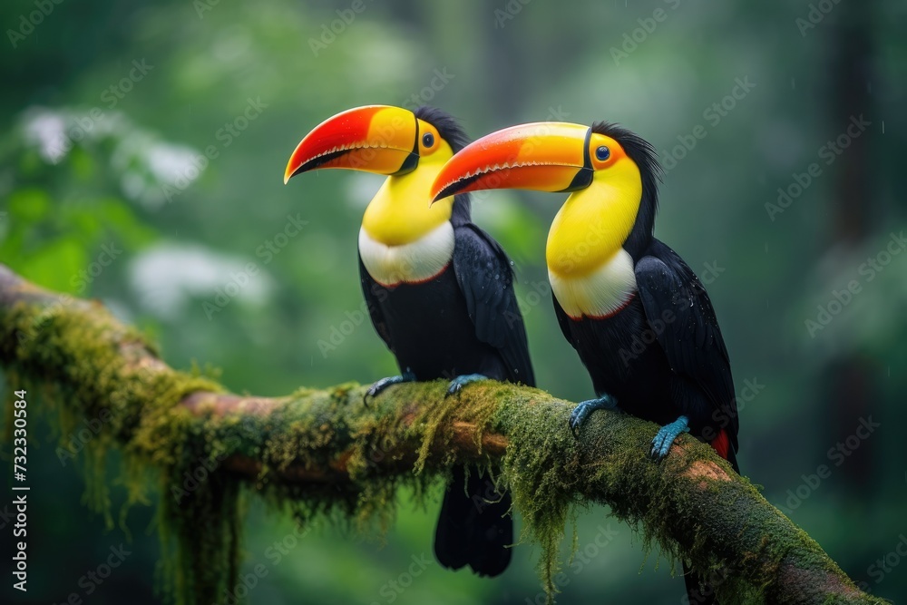Obraz premium Two toucans sitting on a branch in the rainforest, toucan tropical bird sitting on a tree branch in natural wildlife environment, Ai generated
