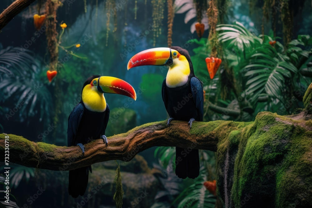 Fototapeta premium Two toucans sitting on a branch in the rainforest, toucan tropical bird sitting on a tree branch in natural wildlife environment, Ai generated