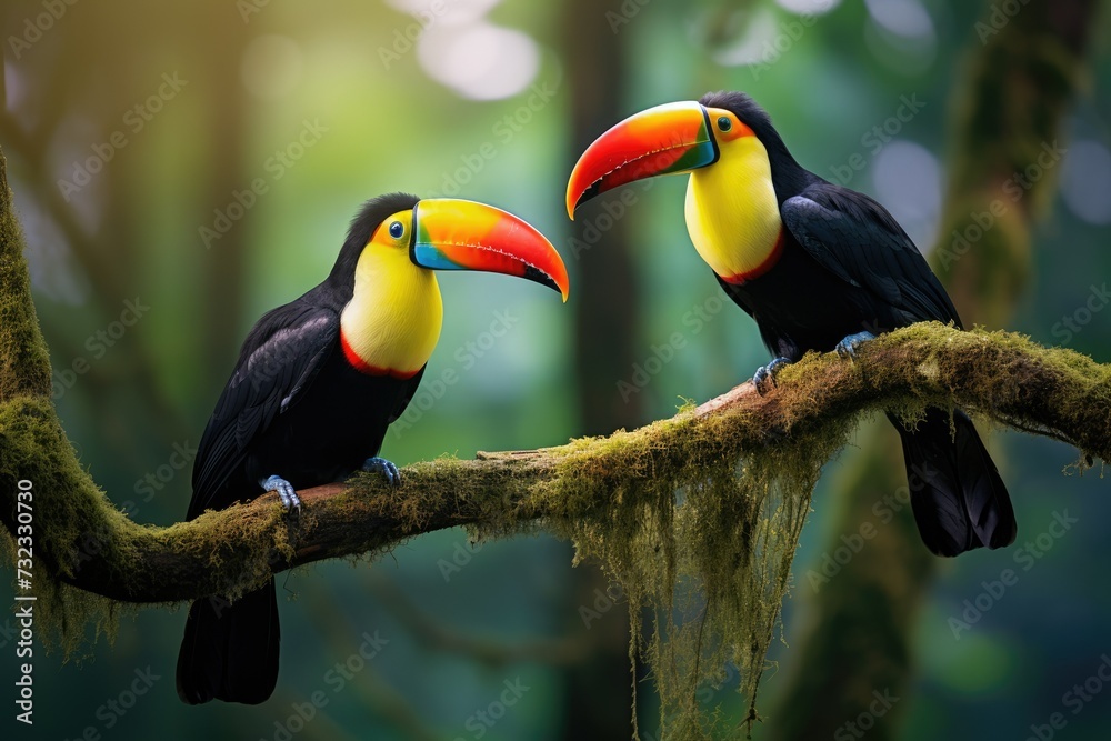 Fototapeta premium Two toucans sitting on a branch in the rainforest, toucan tropical bird sitting on a tree branch in natural wildlife environment, Ai generated