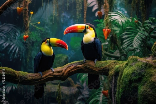 Two toucans sitting on a branch in the rainforest  toucan tropical bird sitting on a tree branch in natural wildlife environment  Ai generated
