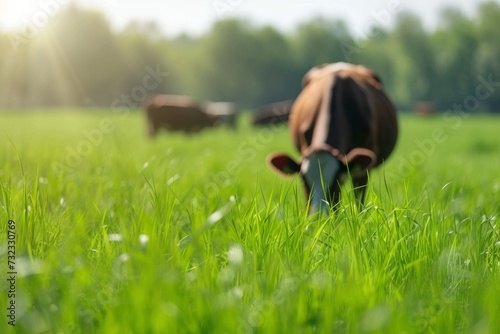 grass in a pasture with cows. green meadow, selective focus.
