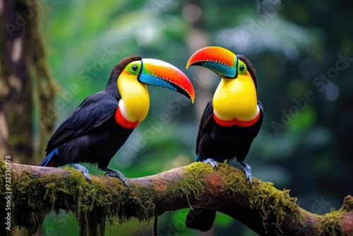 Two toucans sitting on a branch in the rainforest  toucan tropical bird sitting on a tree branch in natural wildlife environment  Ai generated