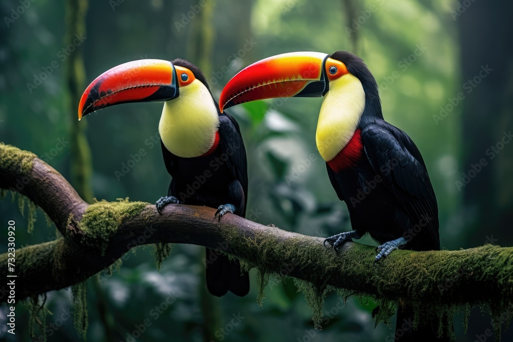Fototapeta premium Two toucans sitting on a branch in the rainforest, toucan tropical bird sitting on a tree branch in natural wildlife environment, Ai generated