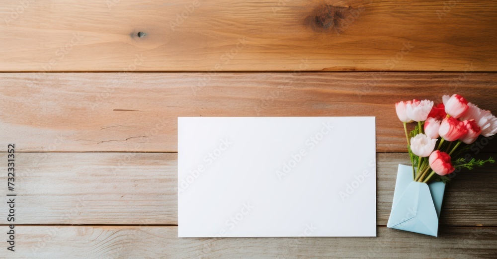 Elegant blank greeting card on a table with flowers for Valentine's, Birthday, Women's, or Mother's Day Elegant blank greeting card on a table with flowers for Valentine's, Birthday, Women's, or Mother's Day