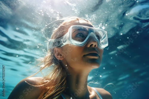 Young woman wearing snorkeling gear underwater  Underwater background of a woman snorkeling and doing freediving  Ai generated