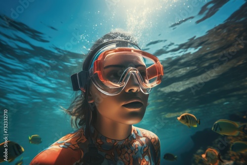 Young woman wearing snorkeling gear underwater, Underwater background of a woman snorkeling and doing freediving, Ai generated photo