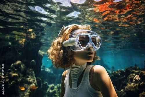 Young woman wearing snorkeling gear underwater, Underwater background of a woman snorkeling and doing freediving, Ai generated