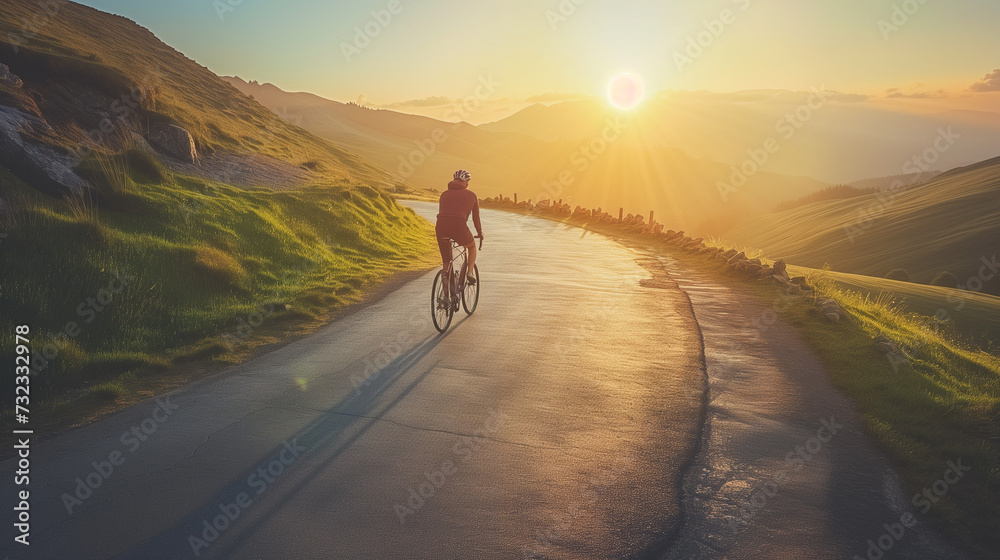 Cyclist Pedaling on a Scenic Mountain Road, Breathtaking Sunset Ride, Adventure Cycling, Serene Outdoor Sports, Active Lifestyle in Beautiful Landscape, Golden Hour Bike Tour