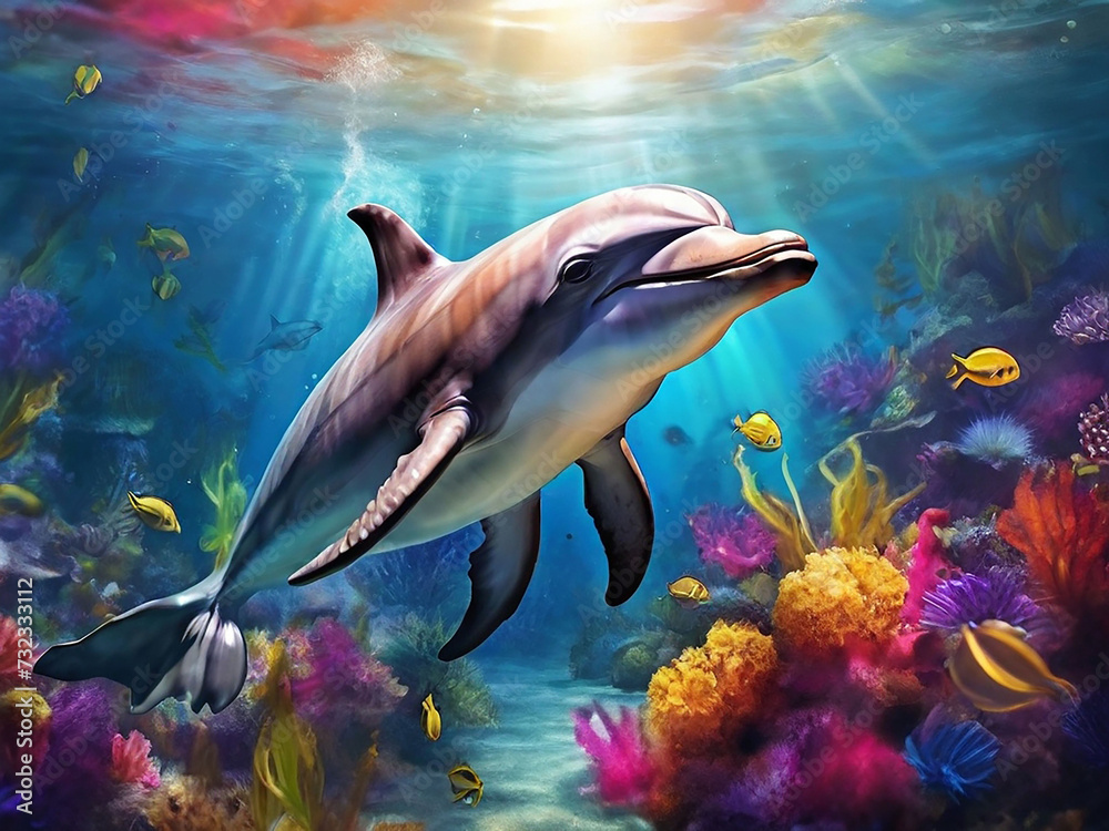 Colorful Dolphin in Underwater Scene