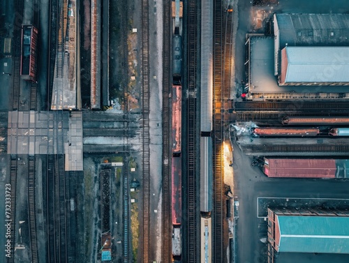 Top-down view of train tracks and railway yards from above