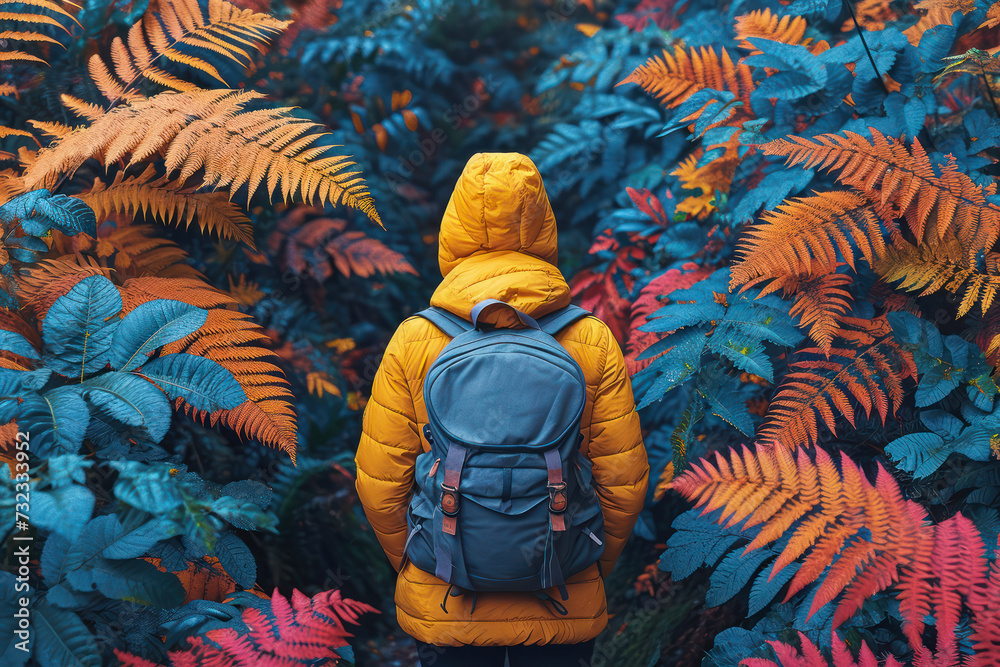 A Tourist with a Backpack Behind His Shoulders Stands in Front of the Forest in Anticipation of a Wonderful Walk extreme closeup. Generative AI