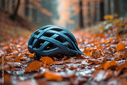 Modern Bicycle Helmet on Autumn Foliage in the Forest extreme closeup. Generative AI