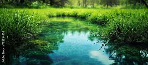 A small river flows through a scenic green field  surrounded by flourishing plants and a diverse plant community.