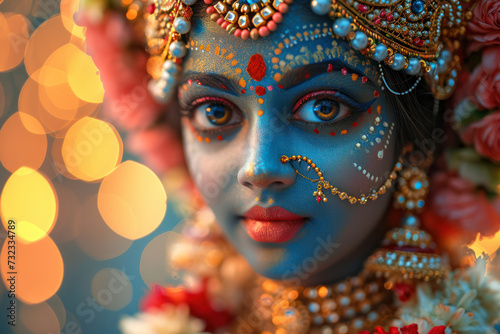 Happy Navrati Concept. Beautiful Woman as Mythological Durga During Navrati Festival India extreme closeup. Generative AI © doomu