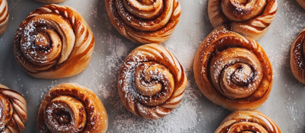 An enticing and delectable dessert; cinnamon rolls stacked high, showcasing the deliciousness of baked goods and the sweet cinnamon flavor. An enticing and delectable dessert; cinnamon rolls stacked high, showcasing the deliciousness of baked goods and the sweet cinnamon flavor.