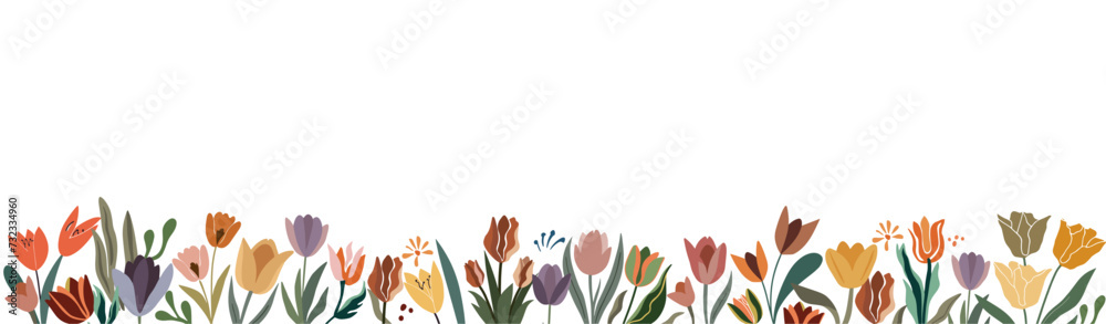 Horizontal banner, seamless border with gorgeous multicolored blooming tulip flowers and leaves. Spring botanical flat vector illustration isolated on transparent background. - obrazy, fototapety, plakaty 