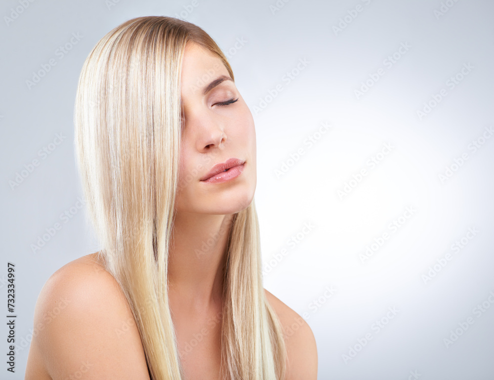 Straight hair, beauty and woman with eyes closed in makeup isolated on a white studio background. Face, hairstyle or blonde model in cosmetics, hairdresser or salon treatment for care on mockup space Straight hair, beauty and woman with eyes closed in makeup isolated on a white studio background. Face, hairstyle or blonde model in cosmetics, hairdresser or salon treatment for care on mockup space