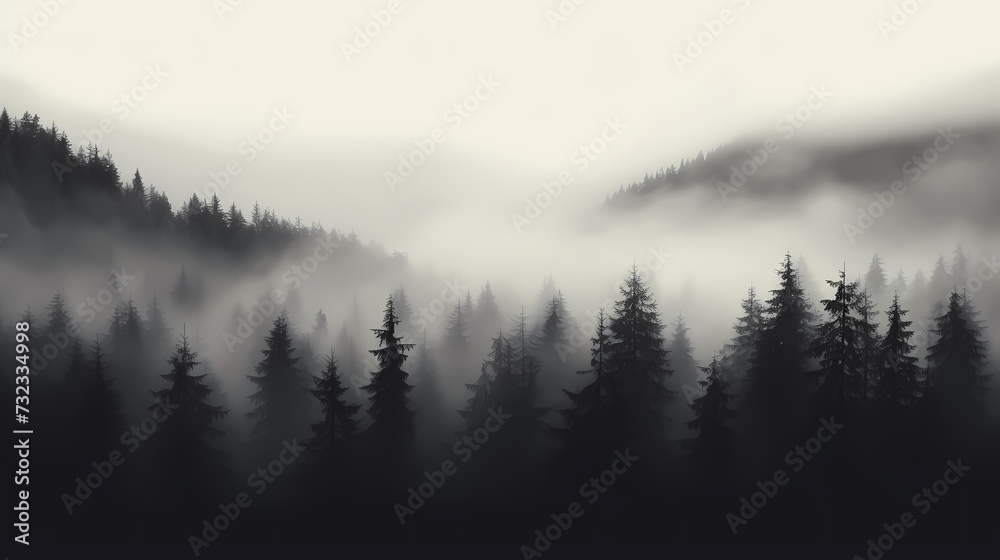 Forest landscape, exotic foggy forest