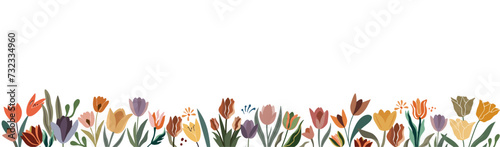 Horizontal banner, seamless border with gorgeous multicolored blooming tulip flowers and leaves. Spring botanical flat vector illustration isolated on transparent background. photo