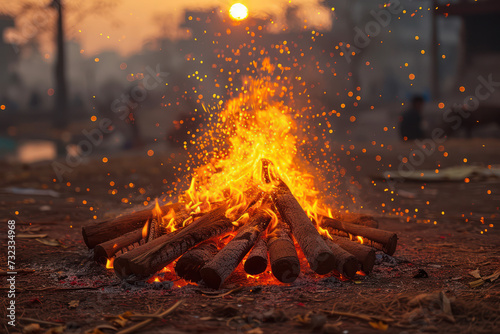Happy Holika Dahan Concept. Huge Ritual Bonfire Ignite to Celebrate Holika Dahan Festival extreme closeup. Generative AI photo