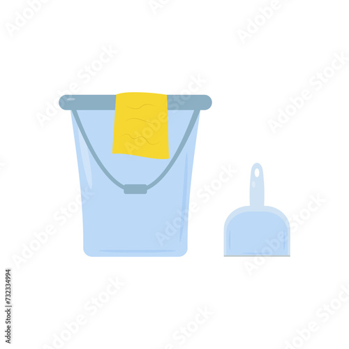 Set of vector bucket, rag, dustpan for cleaning. Cleaning service concept. Home and office cleaning vector. Suitable for business, print, web. Illustration on a white background, 10 eps.