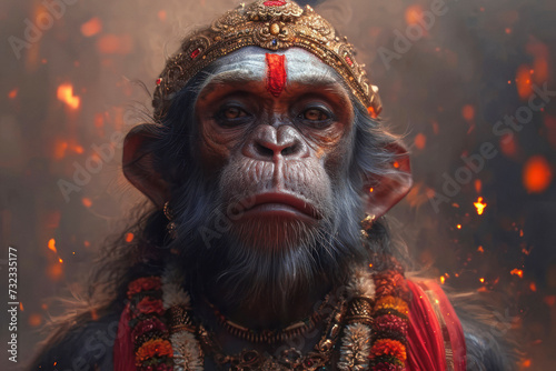 Happy Hanuman Jayanti Concept. Hindu God Hanuman extreme closeup. Generative AI photo