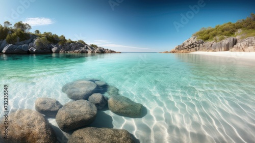 AI generated illustration of a clear and bright ocean near a beach, with rocks in the foreground