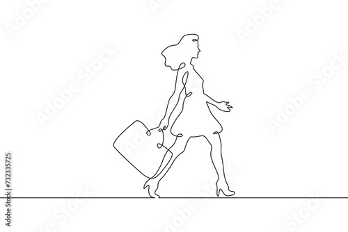 Woman goes shopping. Girl with packages. Sale.One continuous line . Line art. Minimal single line.White background. One line drawing.