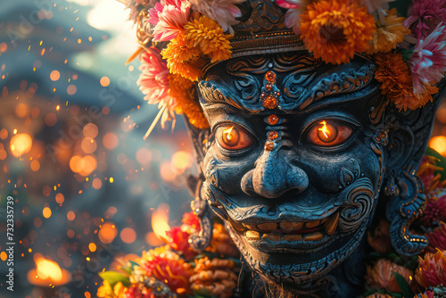 Ogoh-Ogoh Demon Statue Idol Made for Ngrupuk Parade Conducted on the Eve of Nyepi Day extreme closeup. Generative AI