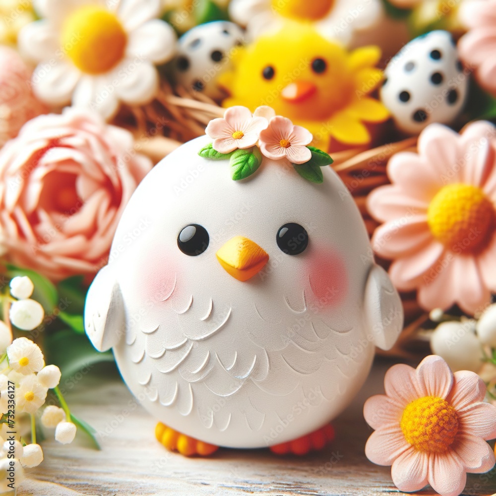 Close-up of a cheerful Easter chick surrounded by spring flowers Cute and whimsical Adds a playful touch to Easter-themed designs 