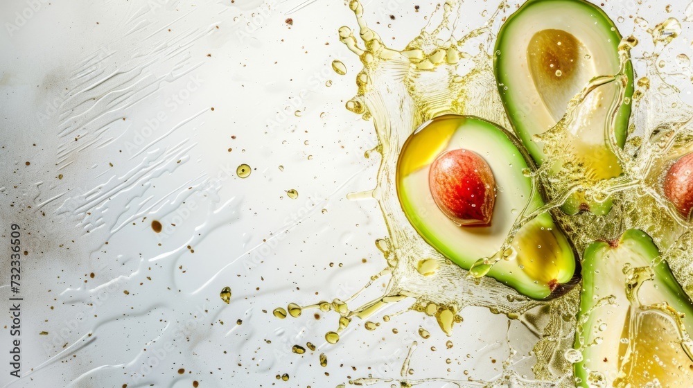 Halved avocados with pits splashed in oil against a light surface, avocado oil, healthy food concept - obrazy, fototapety, plakaty 