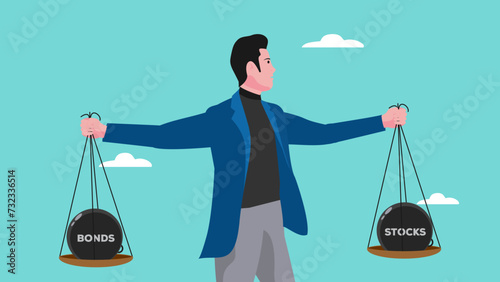 stock and bonds in balance illustration, weight ball on scales pictured as balanced balls on scale that symbolize harmony and equity between Stock and bonds that is good and beneficial