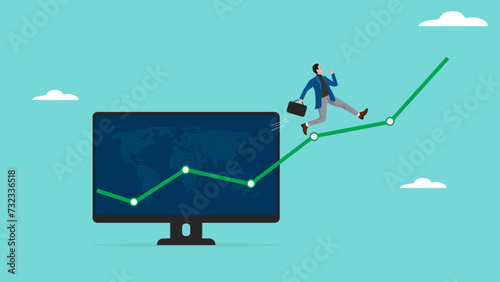business growth progress, increase business performance, improvement investment profit for career success, happy businessman running on growing graph from computer laptop concept vector illustration