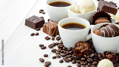 Assorted chocolates and coffee on a white table, sweet dessert