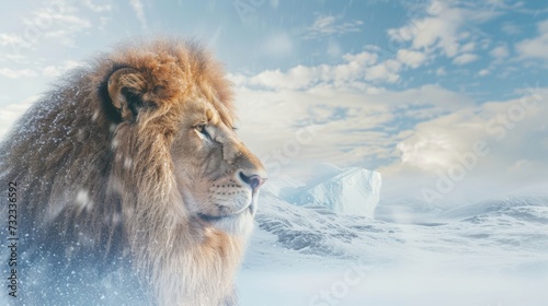 Double exposure of a lion and icy mountain landscape  world wildlife day concept