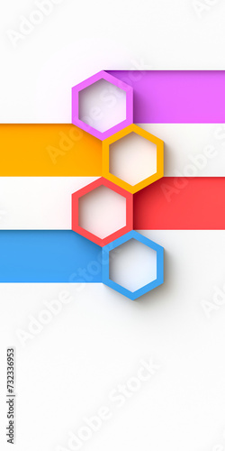Volumetric colored hexagons on a light background. Places to fill with text.