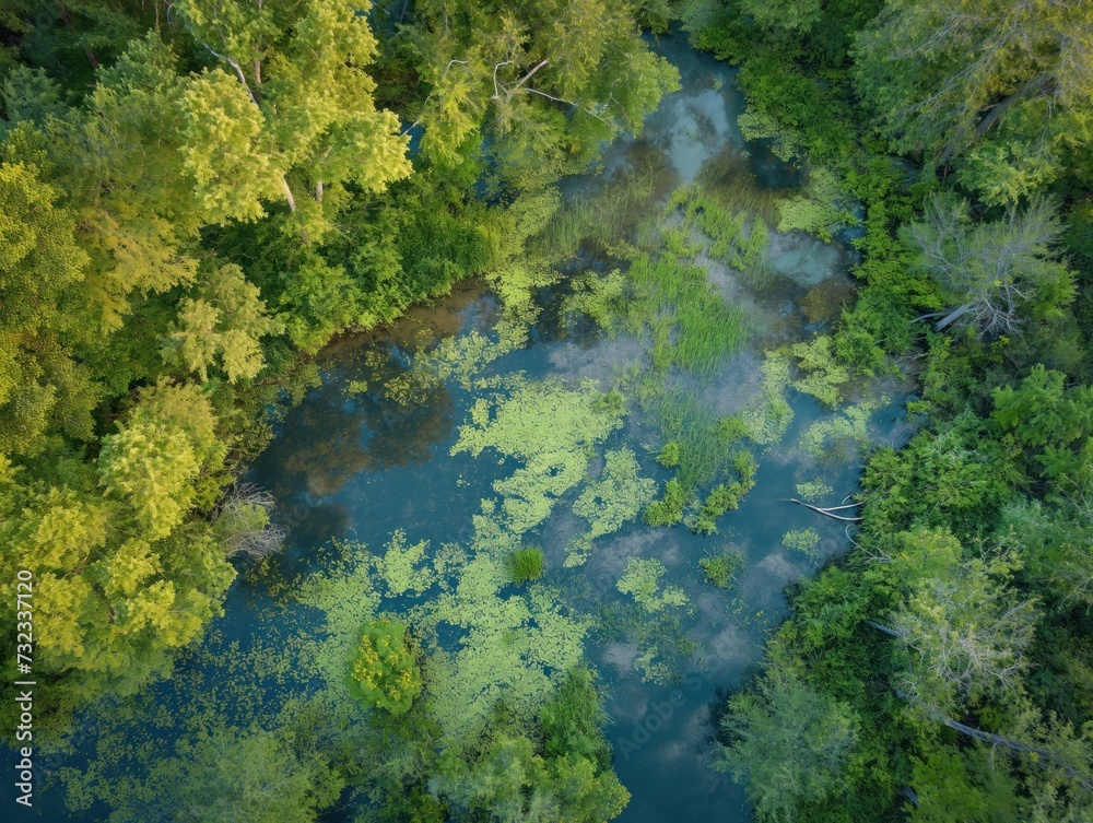 Drone top down shot of a conservation area with restored habitats